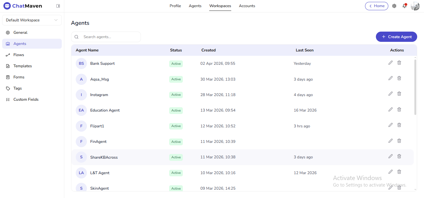 Workspace Agents list: search, Create Agent, and table