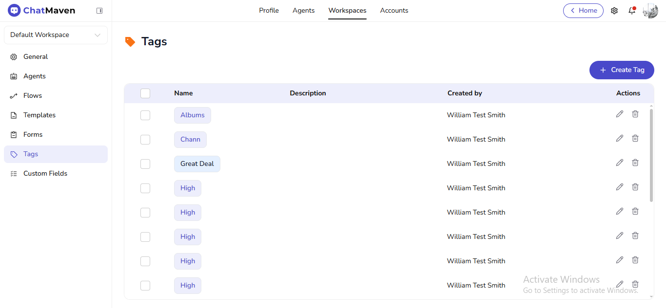Tags table and Create Tag