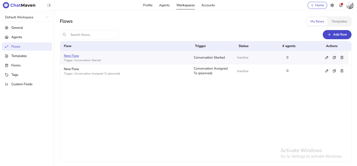 Flows list with My flows, search, and table