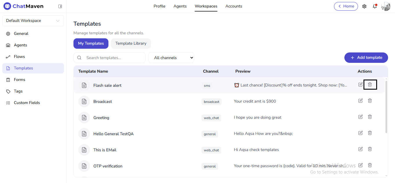 Delete icon on a template row