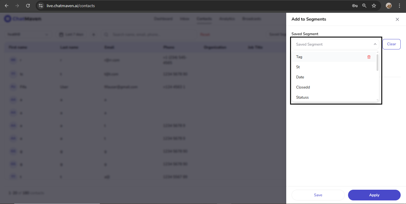 Saved Segment field and list in the drawer (outlined)