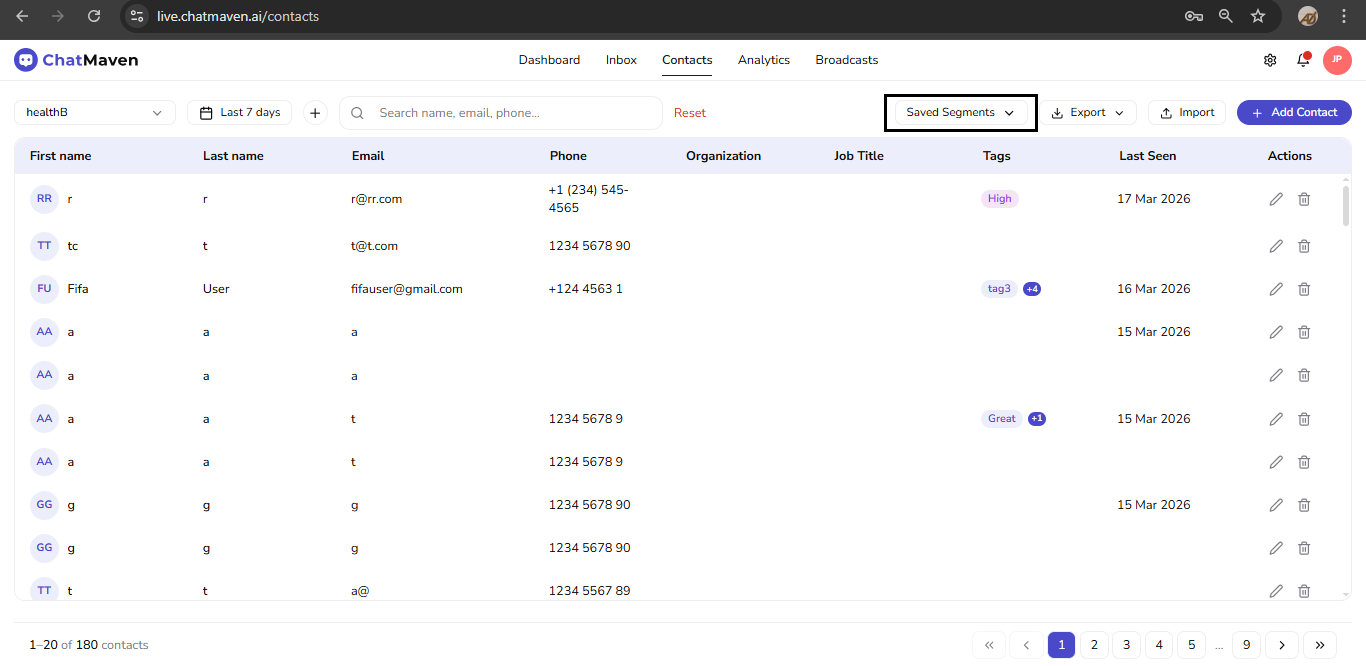 Saved Segments on the toolbar (outlined)