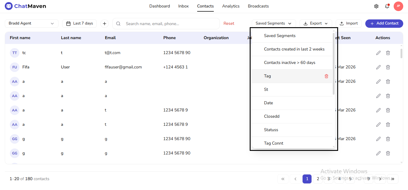 Saved Segments menu open (outlined)