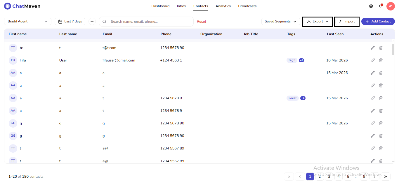Export and Import on the toolbar (outlined)