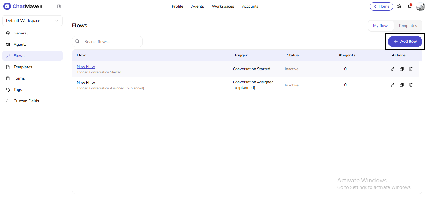 Add flow and row actions (edit, duplicate, delete)