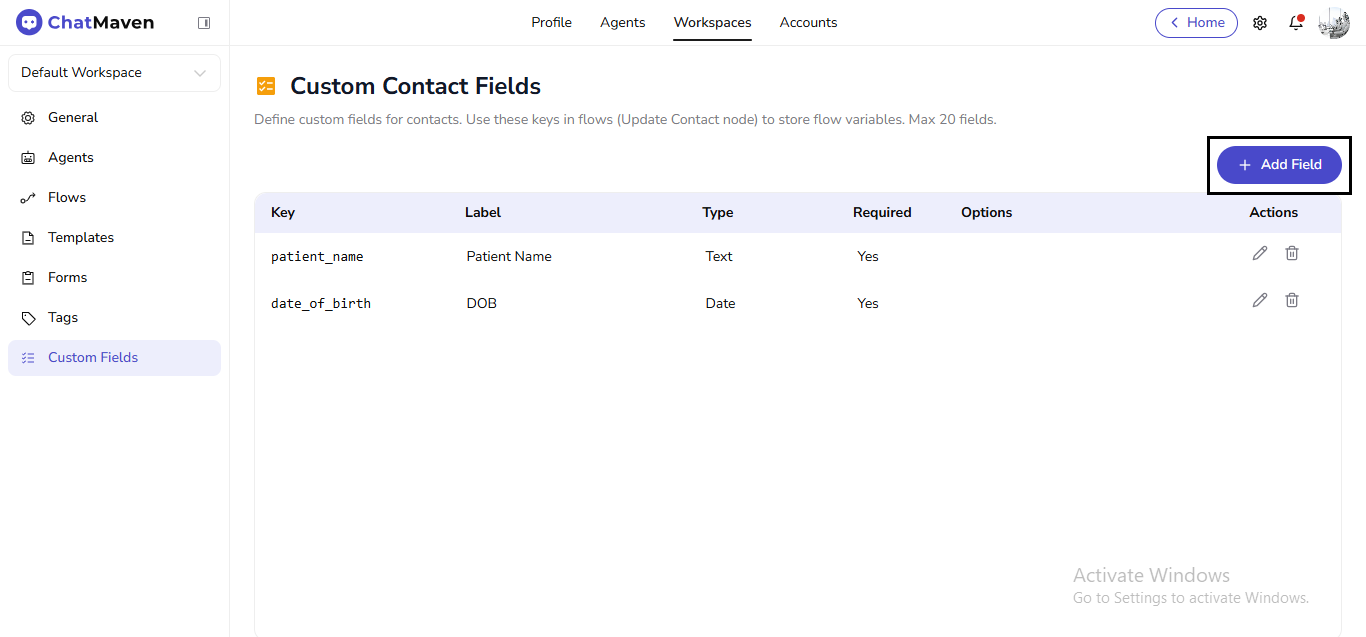 Table with Keys, Labels, Types, Required, Actions