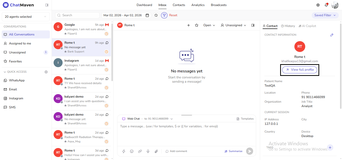 Inbox Contact panel: View full profile (outlined)