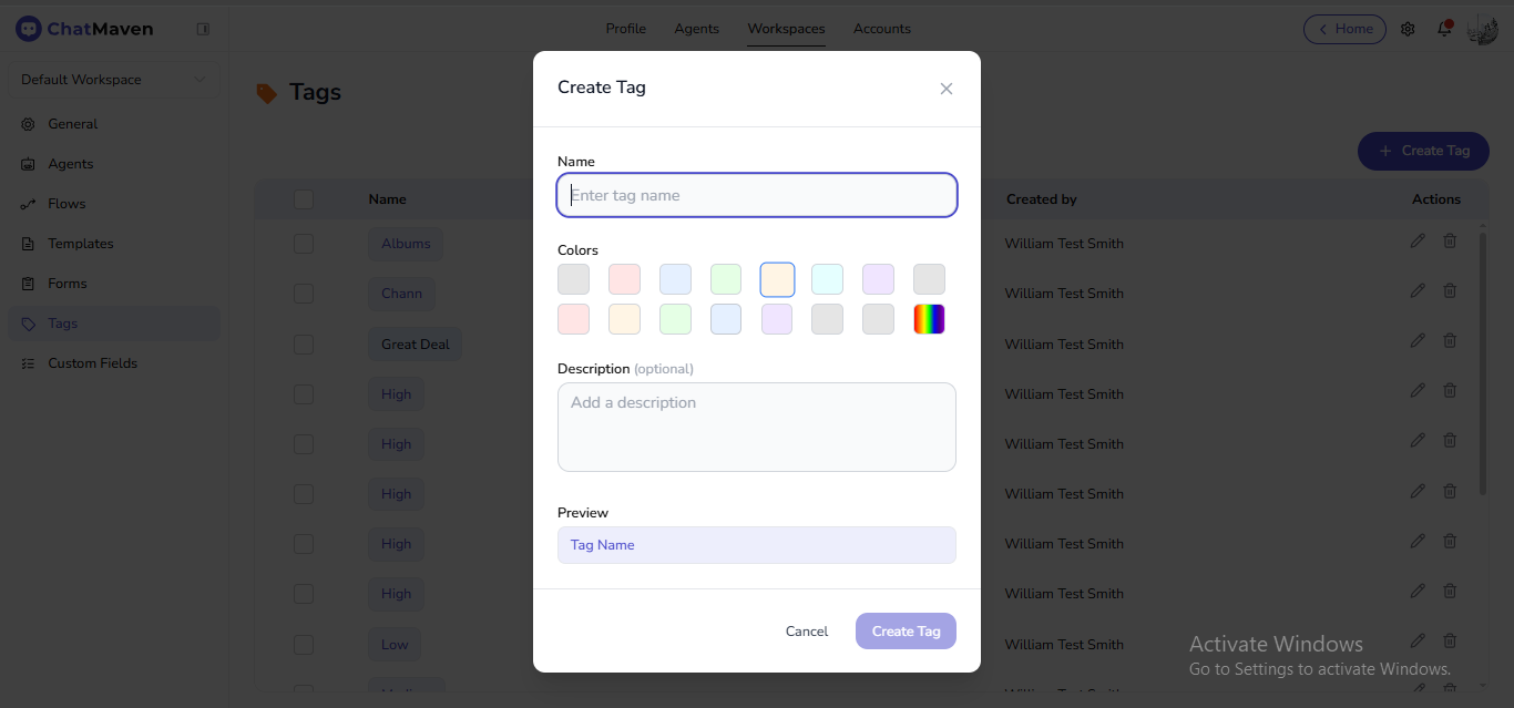 Create Tag modal