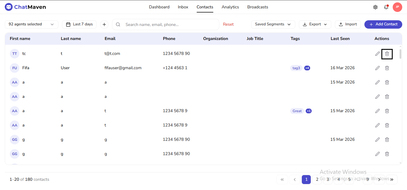 Delete in the row Actions column (outlined)