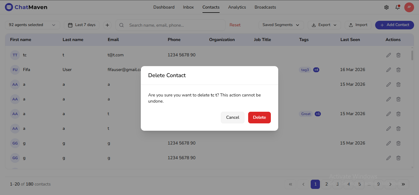 Delete Contact confirmation dialog