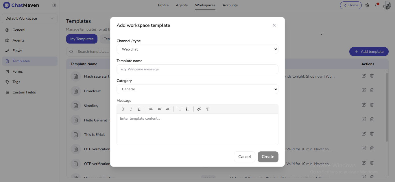 Add workspace template modal