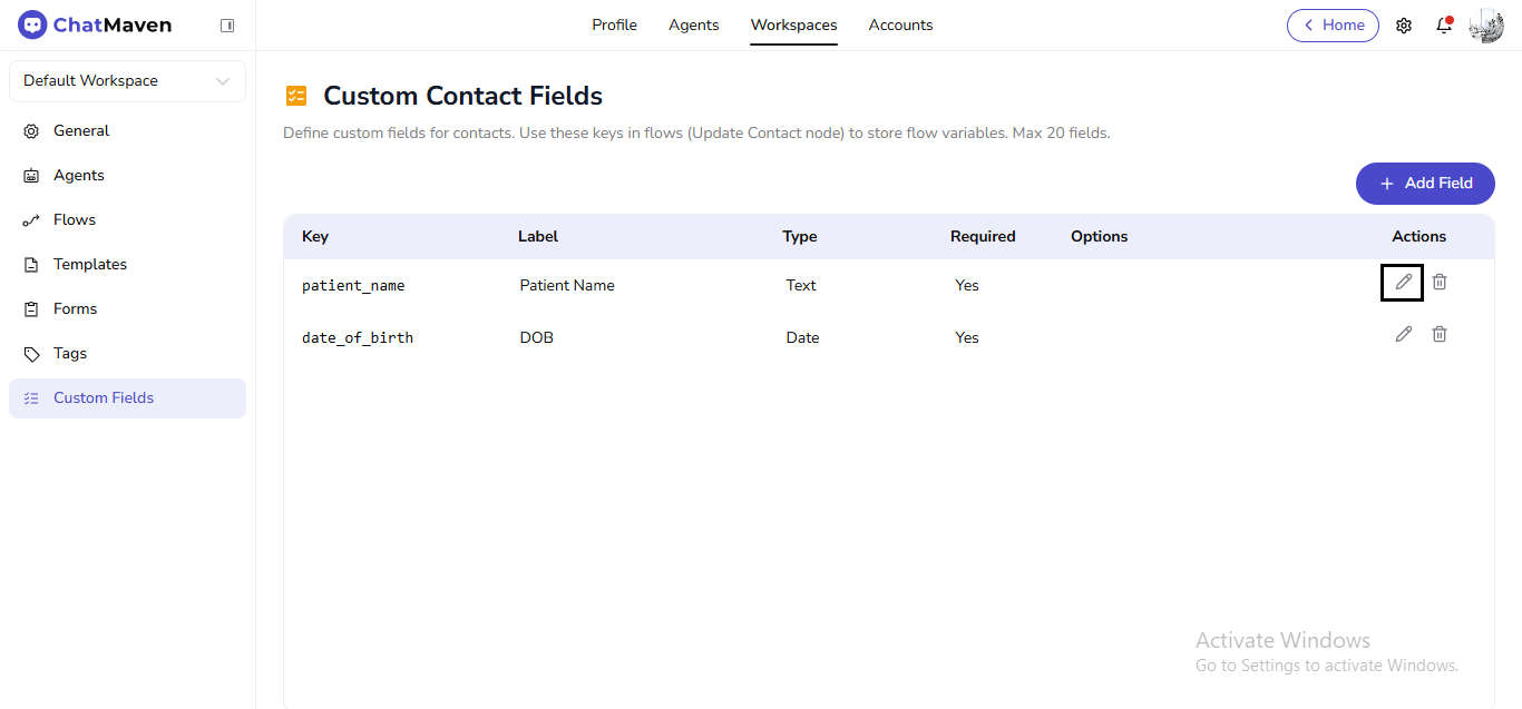 Edit icon on a custom field row