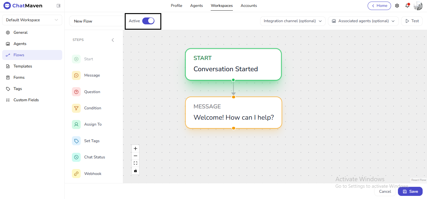 Active on and simple Start → Message flow