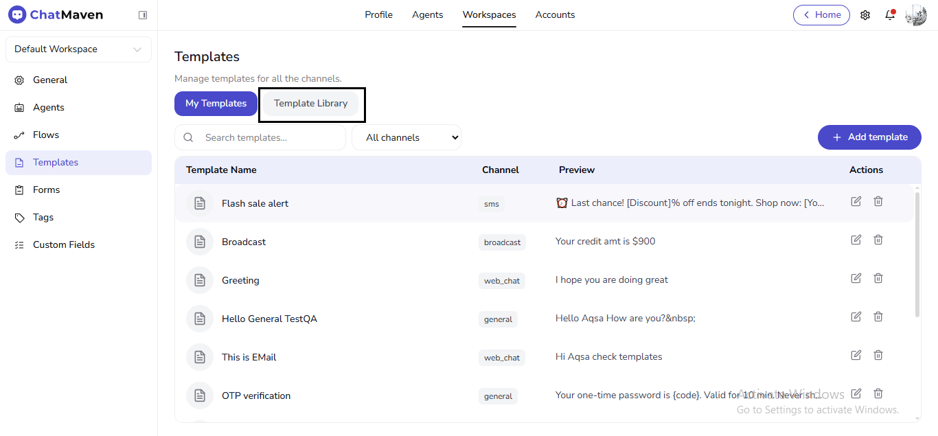 Template Library tab selected