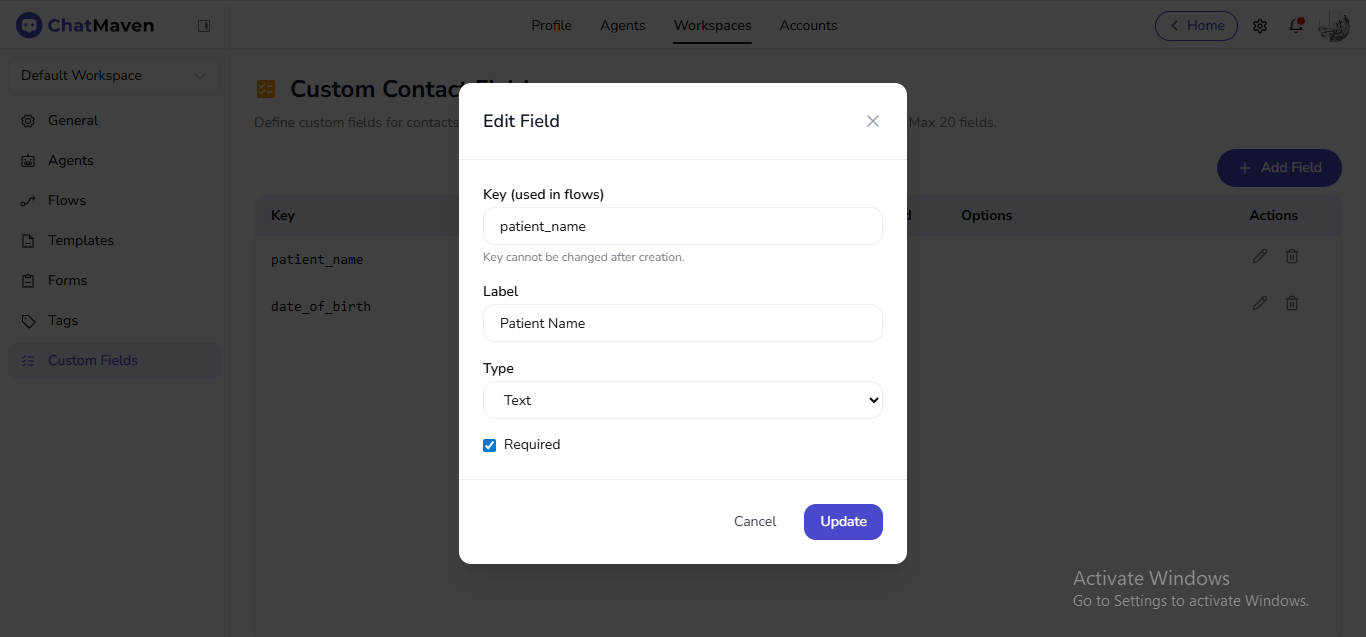 Edit Field modal: key locked