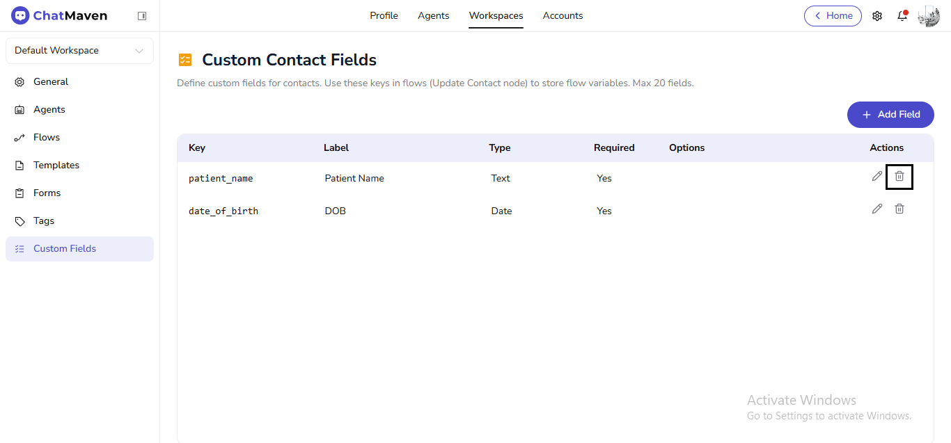 Delete icon on a custom field row