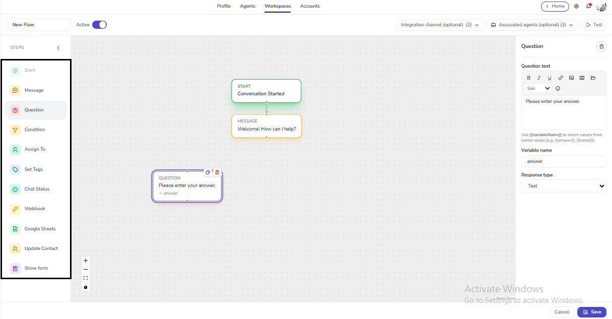 Question step: canvas selection and right panel