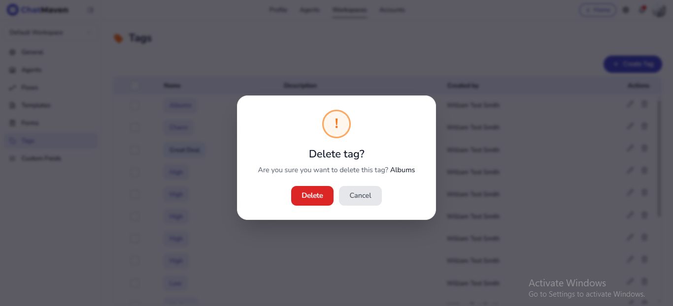 Delete tag confirmation