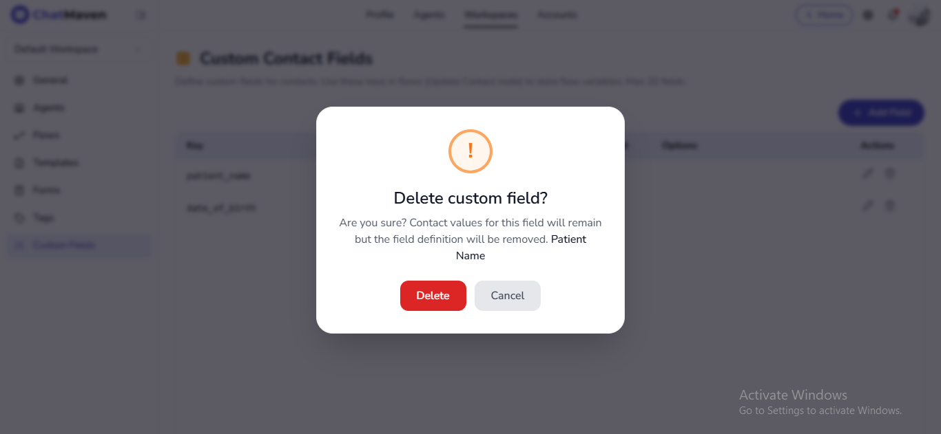Delete custom field confirmation