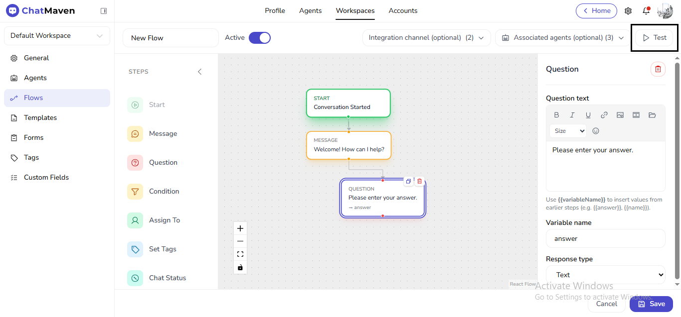 Test control in the flow header