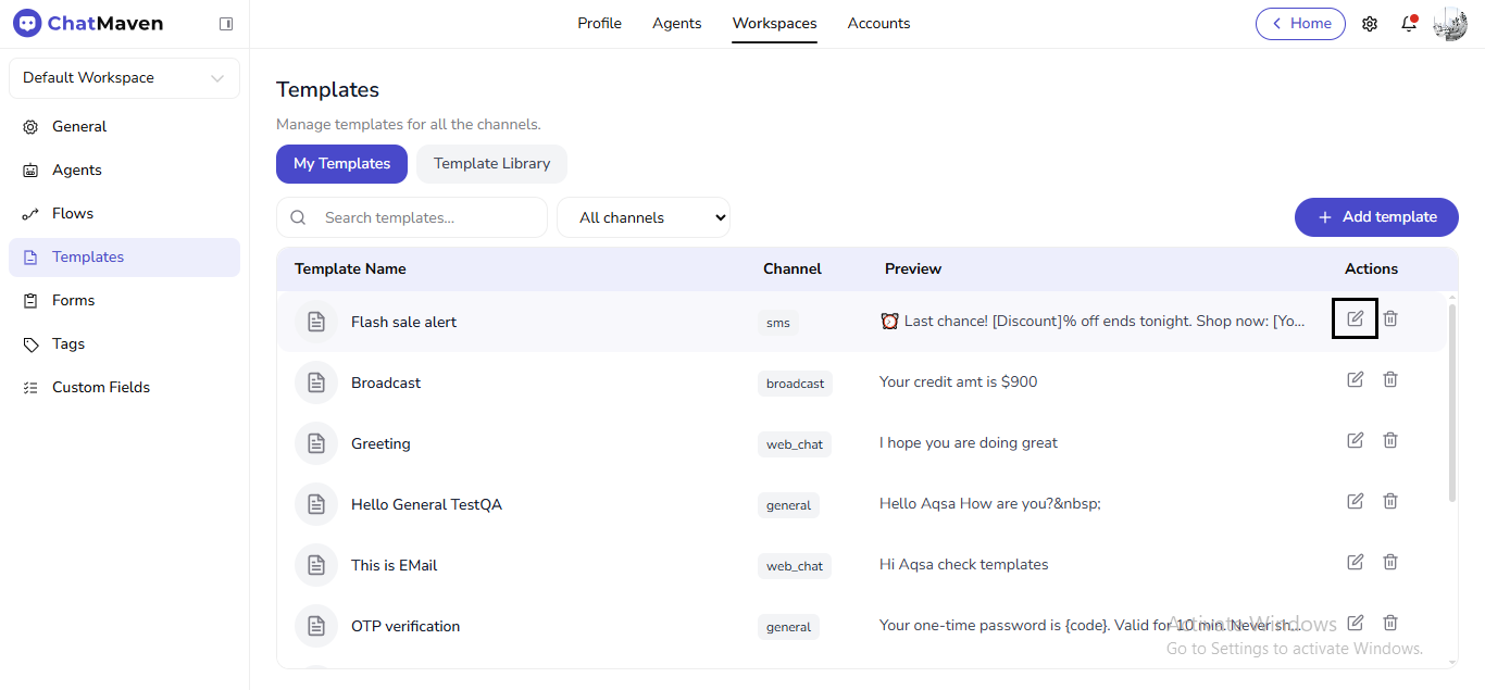 Edit icon on a template row