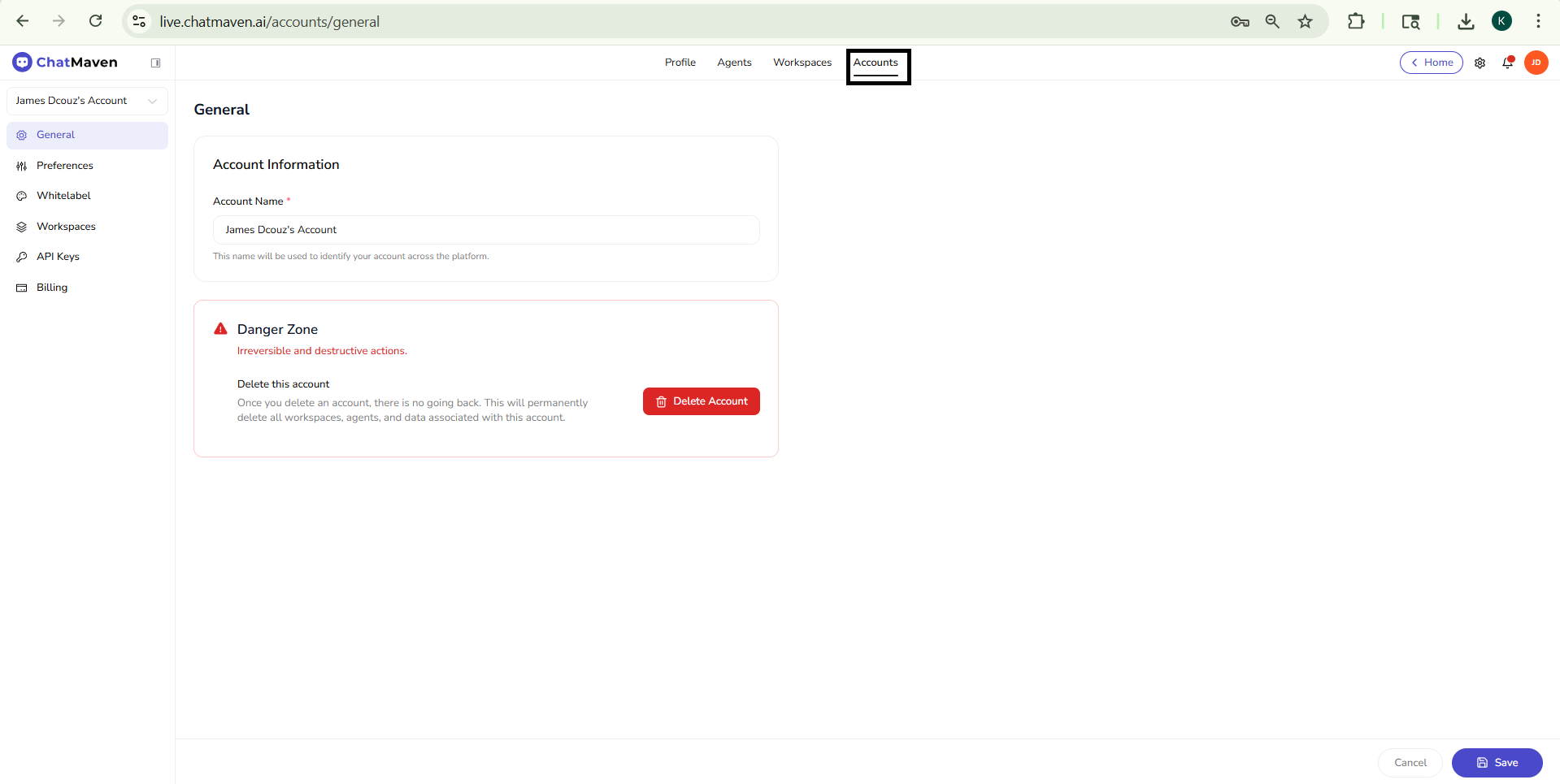 Accounts General settings: Account Information and Danger Zone