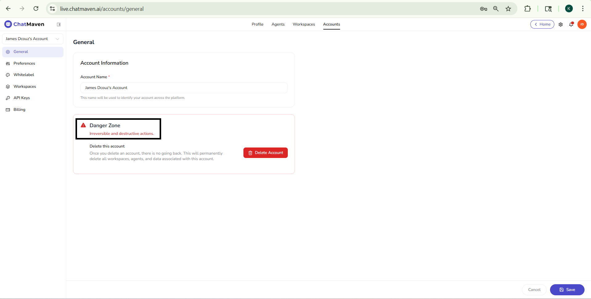 Accounts General settings: Account Information and Danger Zone