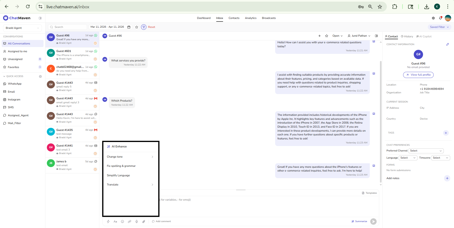 AI Enhance menu open from the message composer