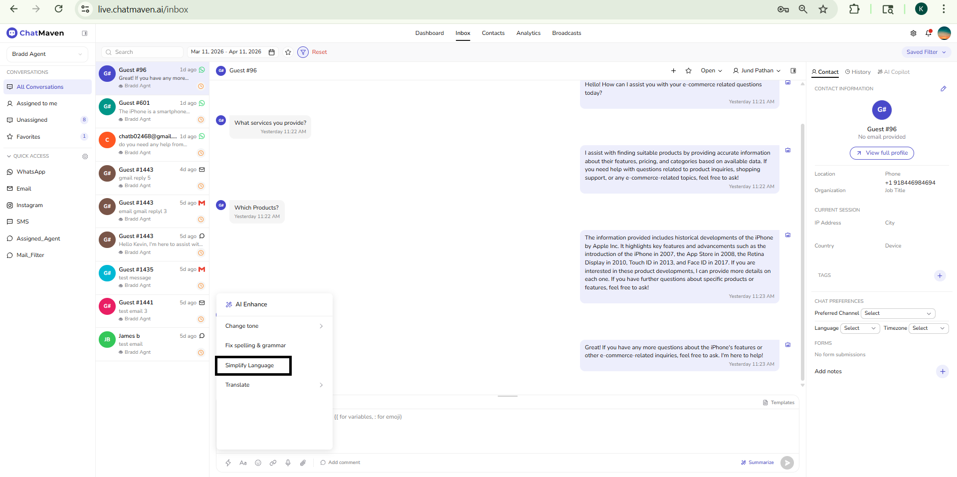 AI Enhance menu open from the message composer