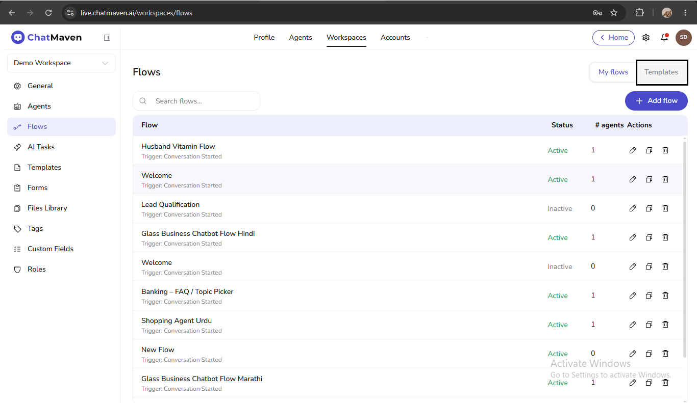Flows Templates tab
