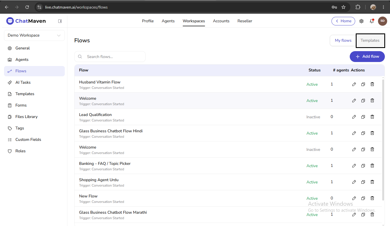 Flows Templates tab