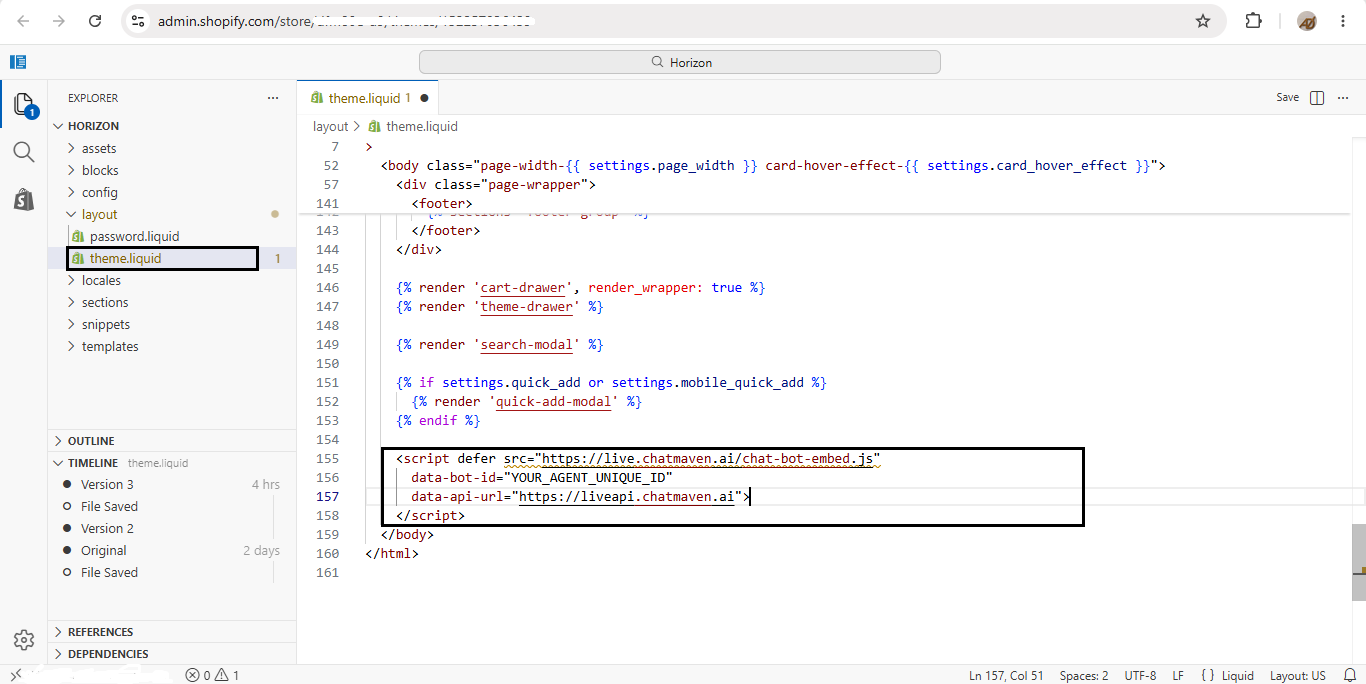 Step 3 — Paste embed script in theme.liquid