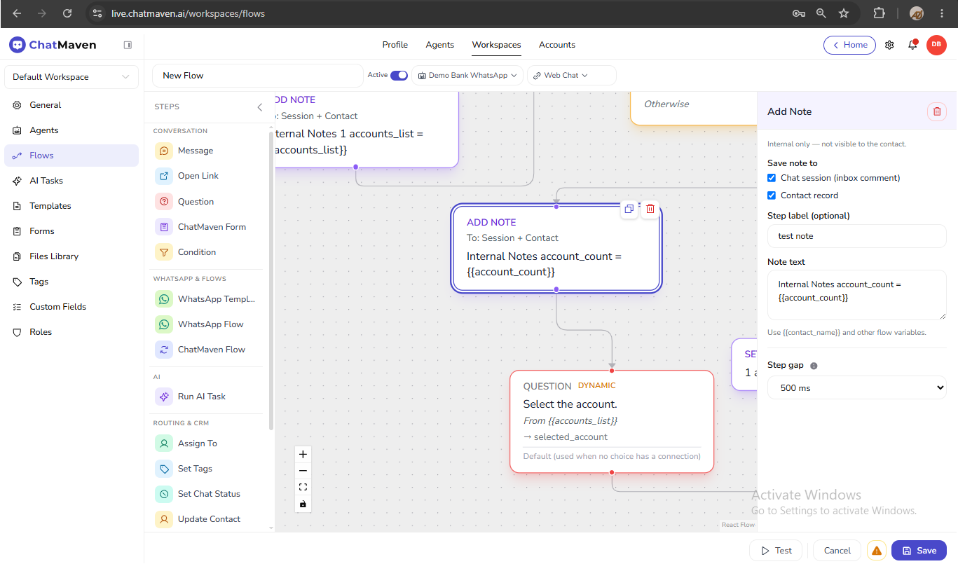 Add Note step configuration