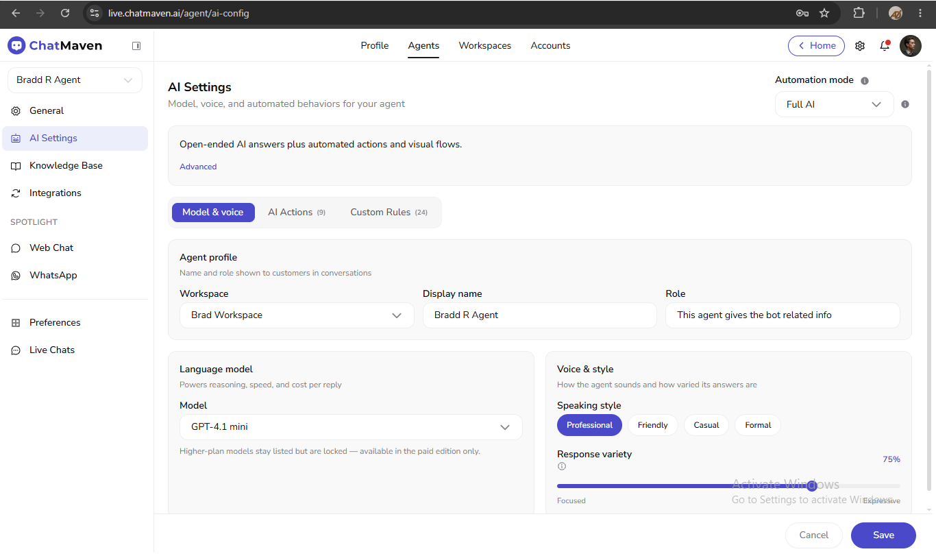 AI Settings Model and voice tab showing agent profile, language model, and voice and style