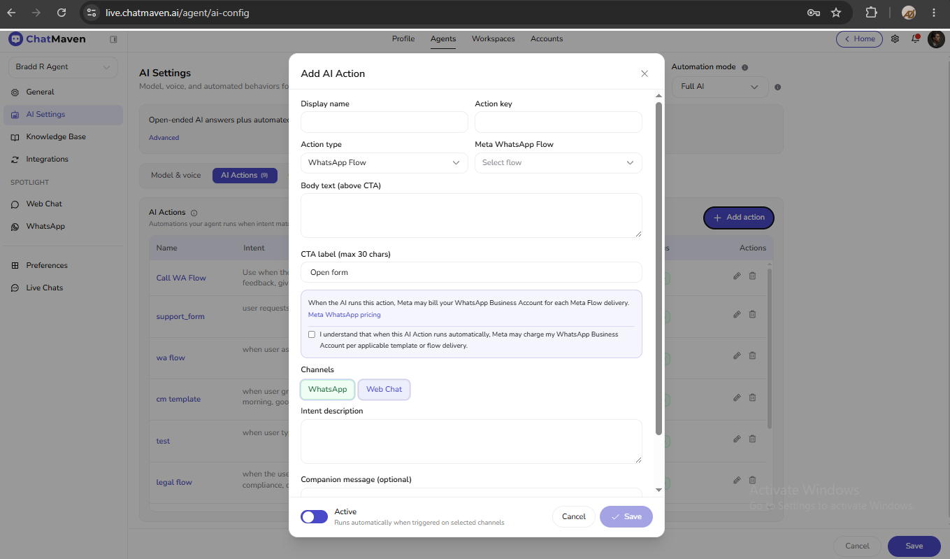 Add AI Action dialog for creating a new automation