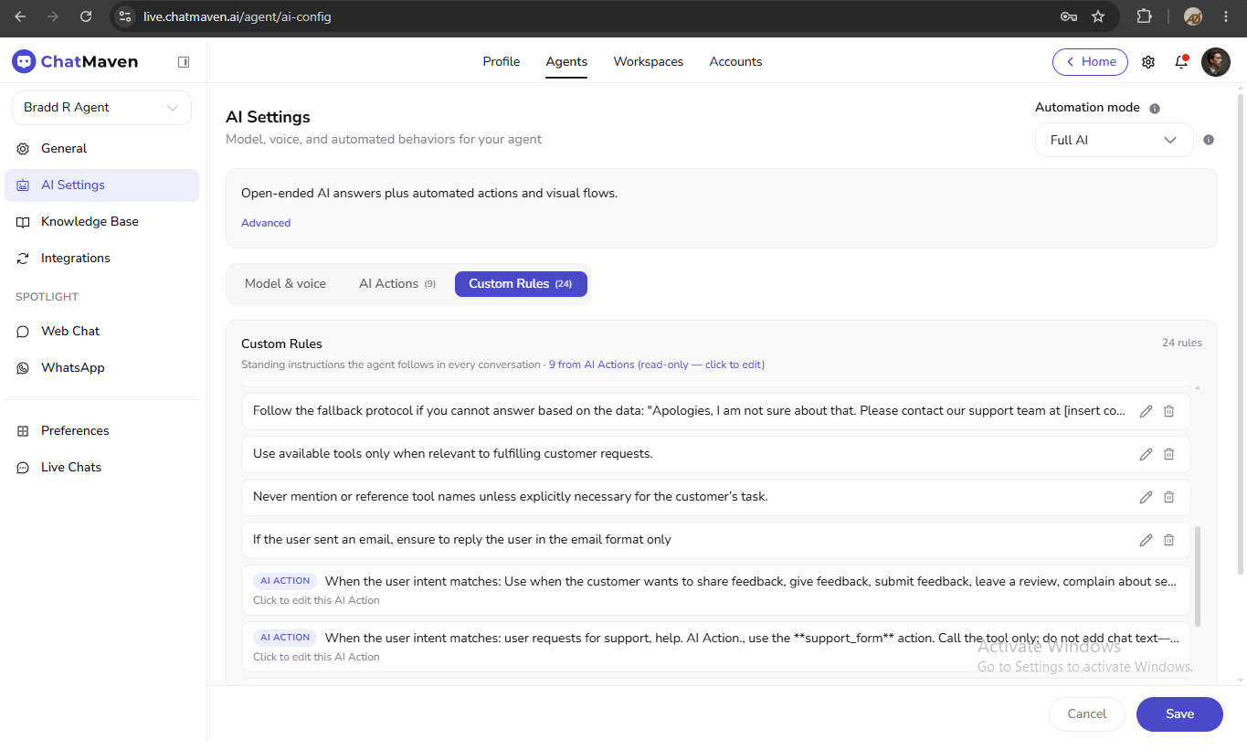 AI Settings Custom Rules tab showing standing instructions and AI Action synced rules