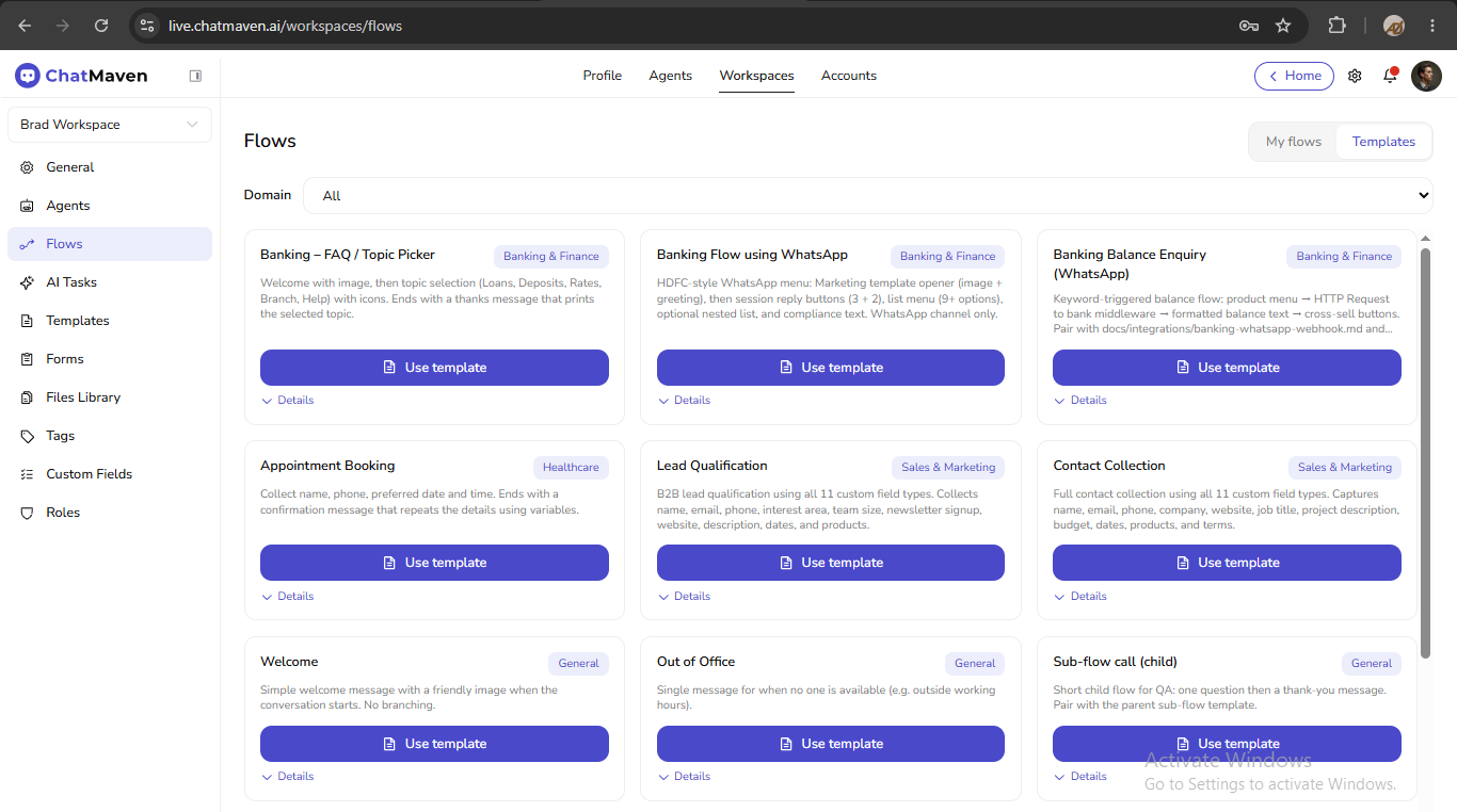 Flow template cards with domain filter