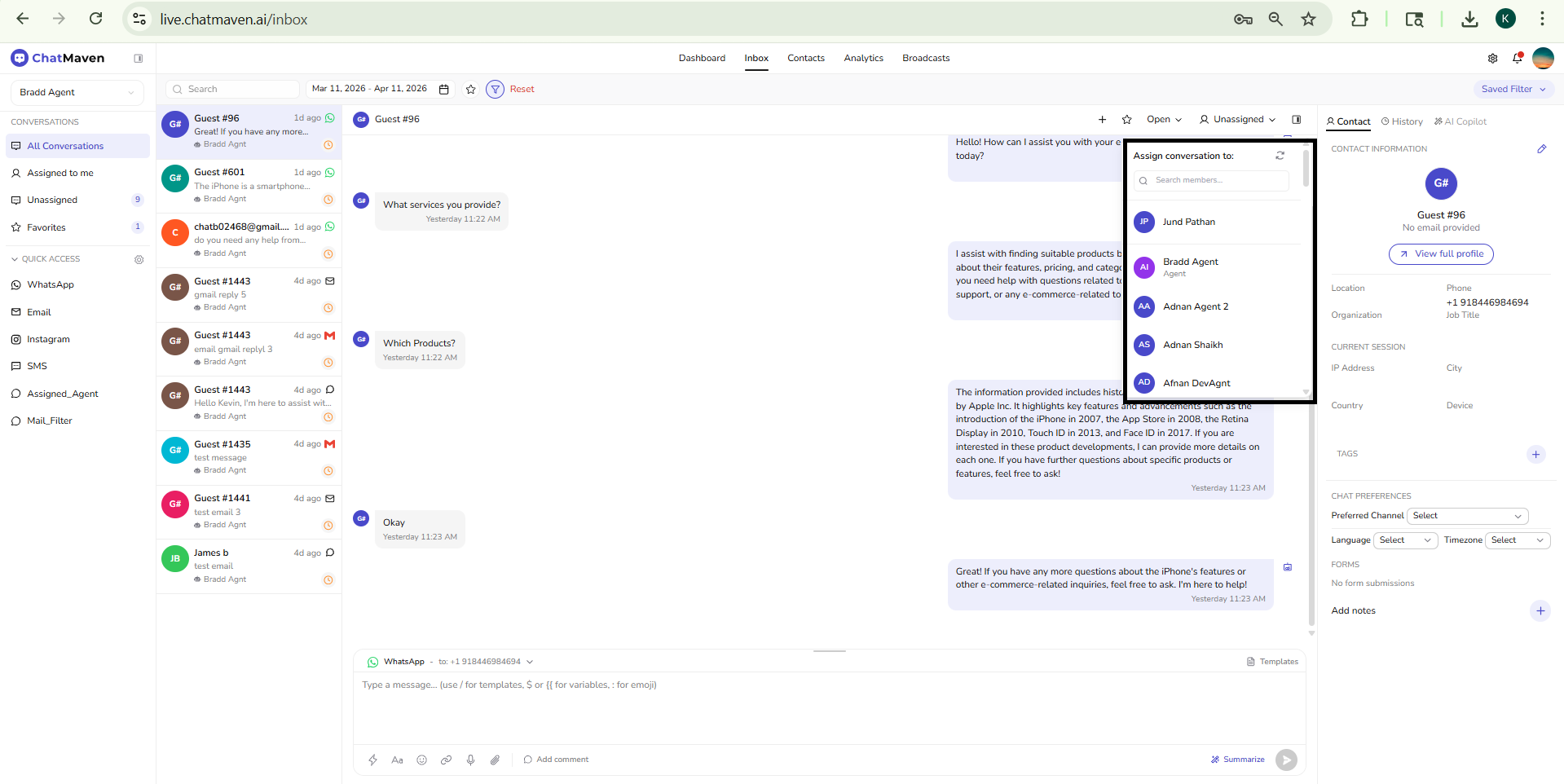 Assign conversation to: member search, team list, Open status in the header, and Takeover banner when another teammate owns the thread