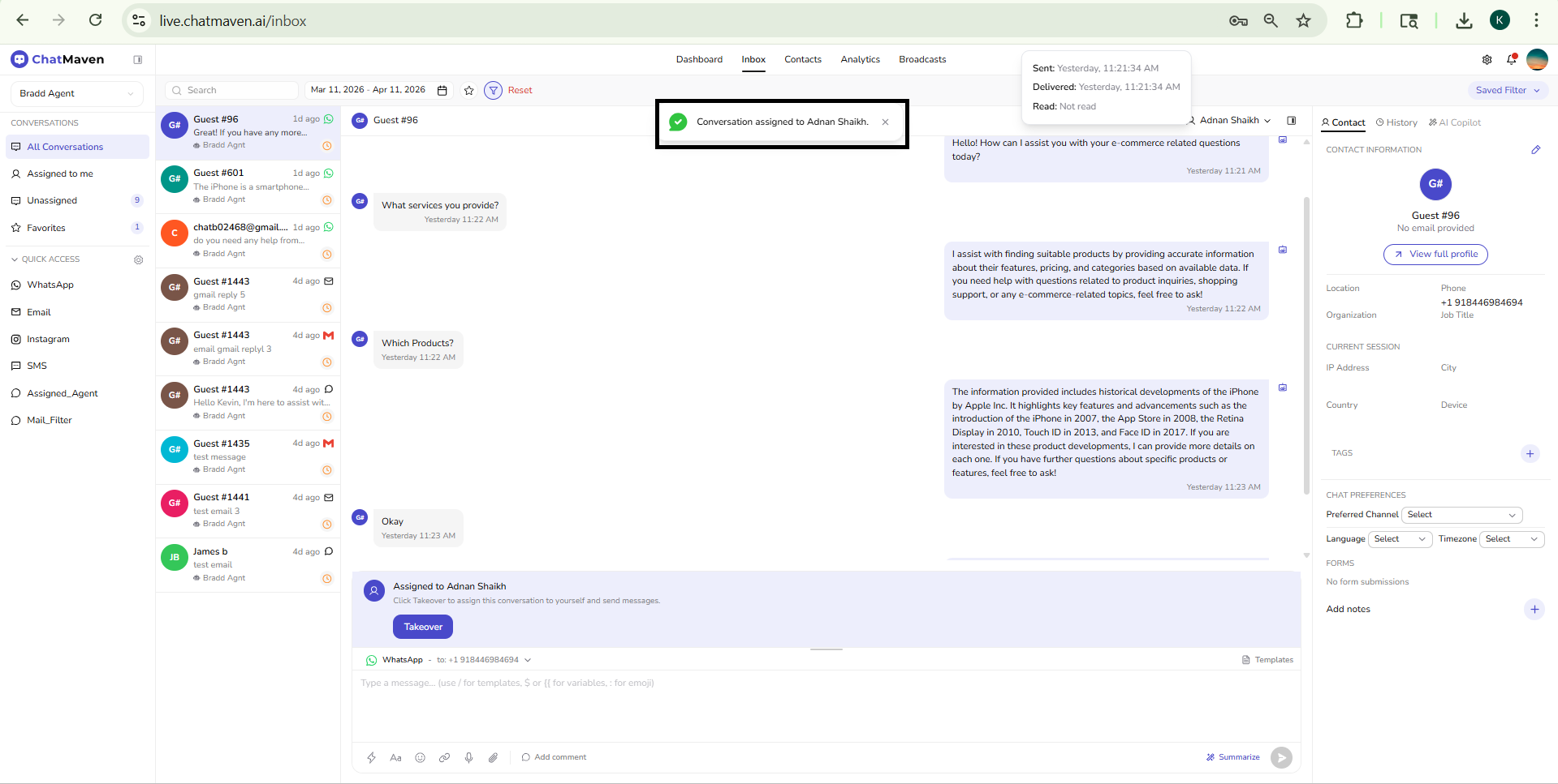 Assign conversation to: member search, team list, Open status in the header, and Takeover banner when another teammate owns the thread
