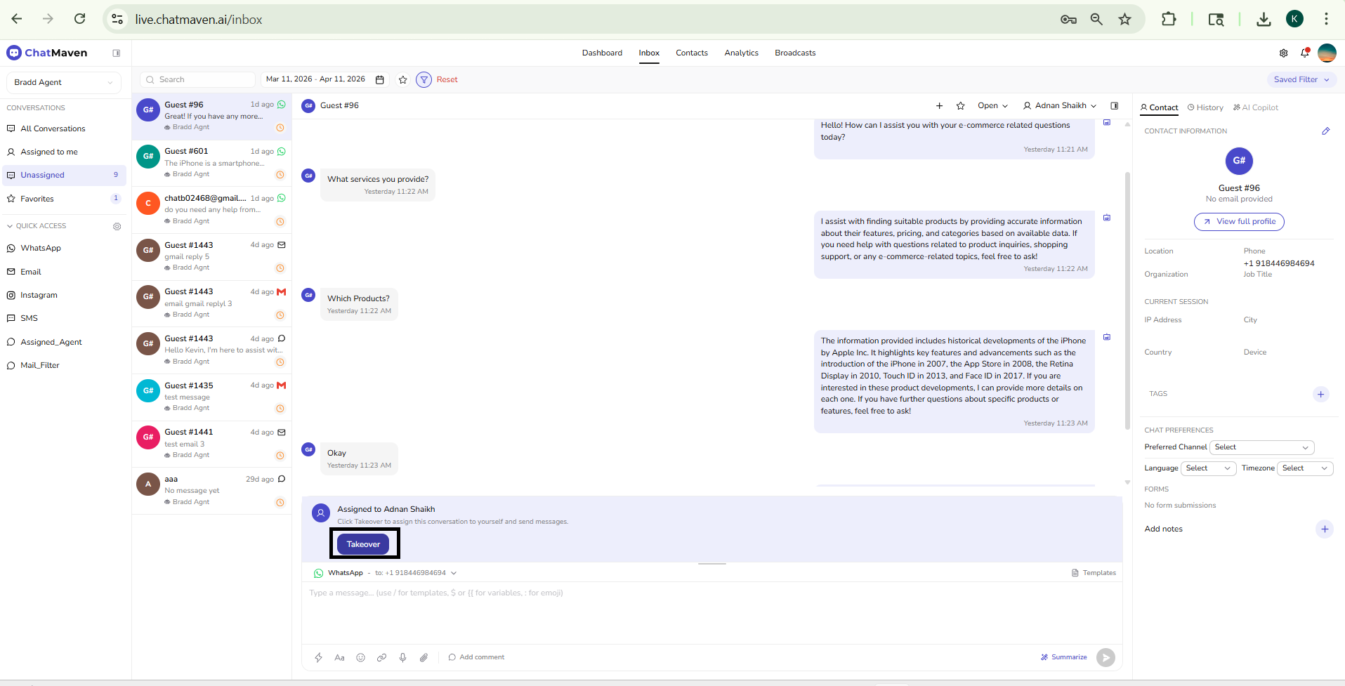 Assign conversation to: member search, team list, Open status in the header, and Takeover banner when another teammate owns the thread