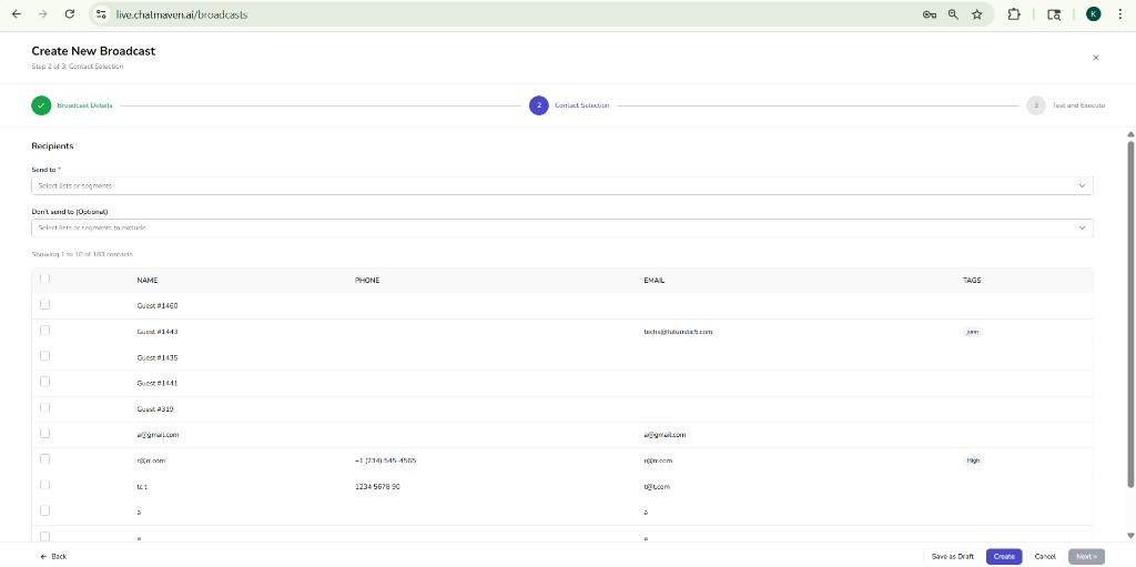 Create New Broadcast — Step 2: Contact Selection