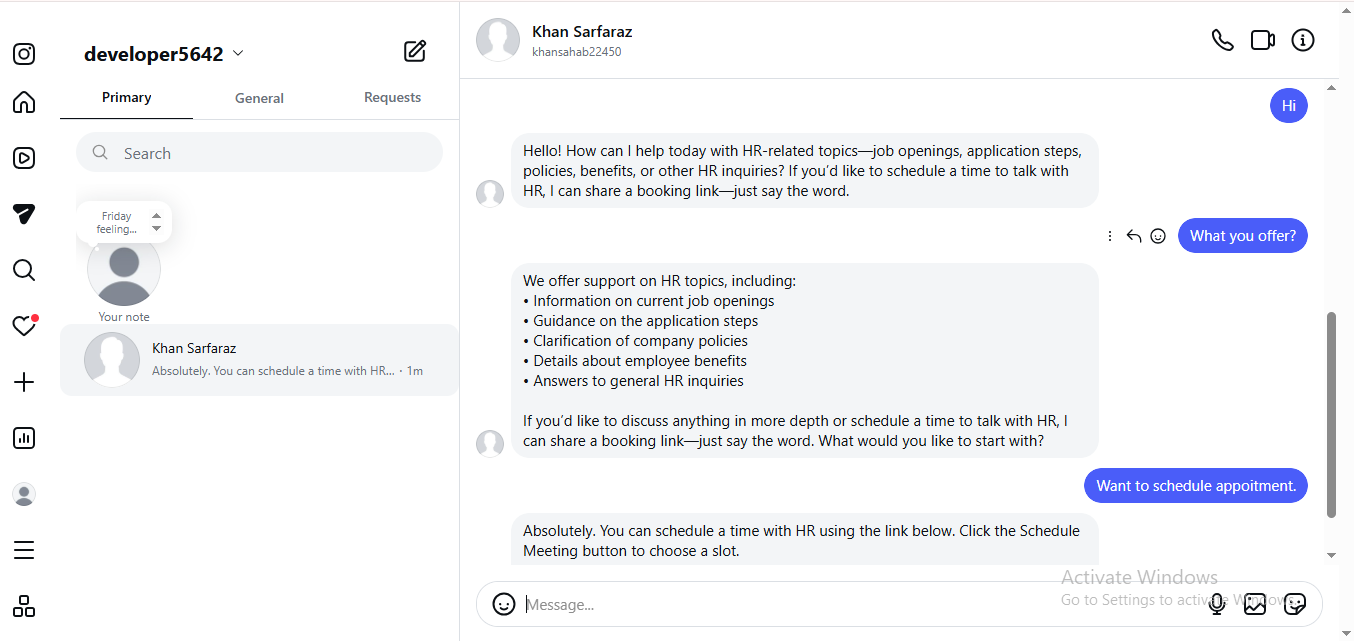 DM auto-reply — Instagram chat thread with agent replies