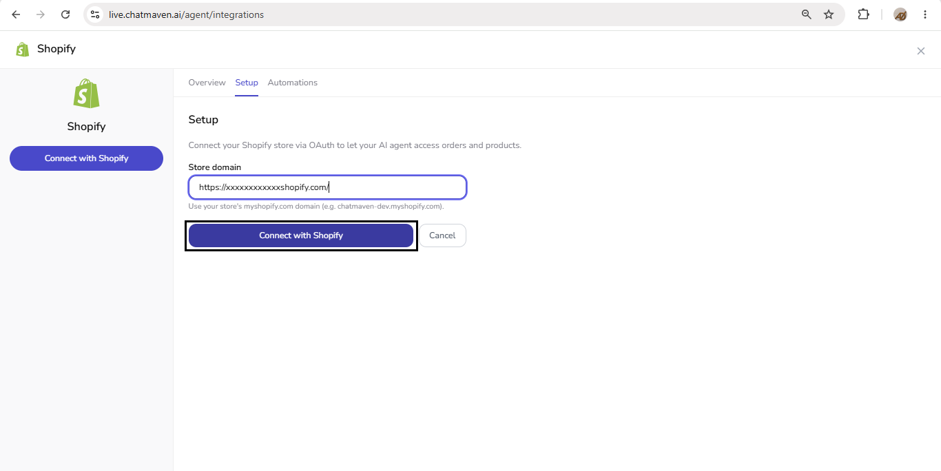 Step 3b — Store domain and Connect with Shopify