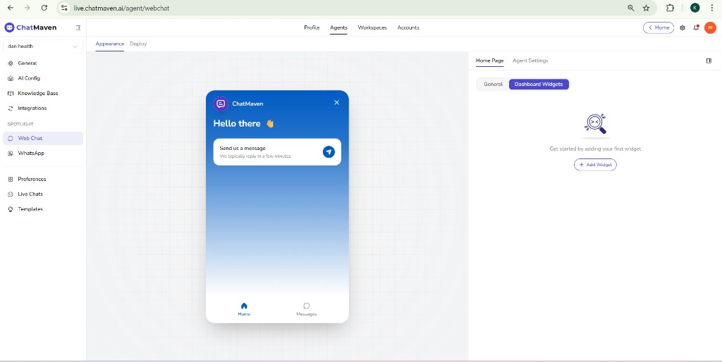 Web Chat Home Page Dashboard Widgets — empty state with Add Widget