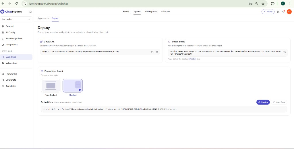 Web Chat Deploy tab — direct link, embed script, embed style, Preview and Copy Code
