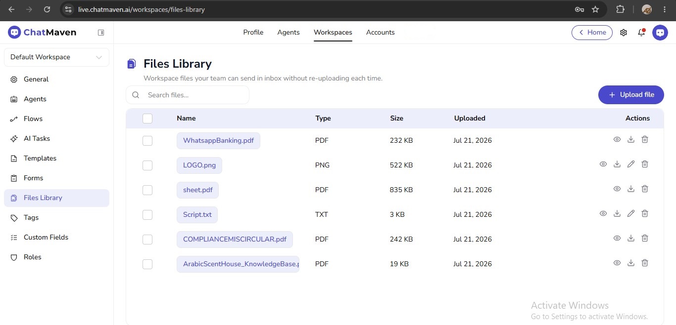 Files Library overview with search and file table