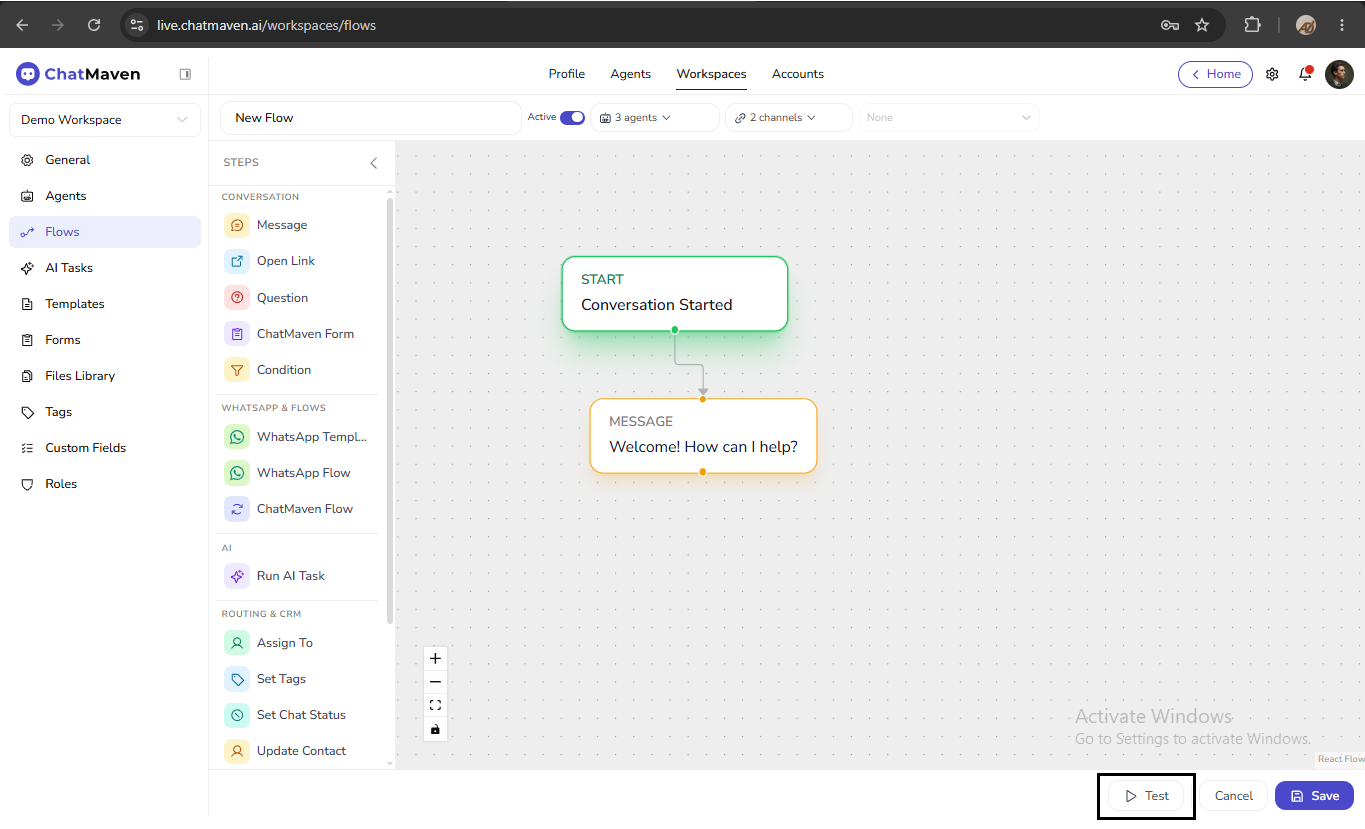 Test control in the flow header