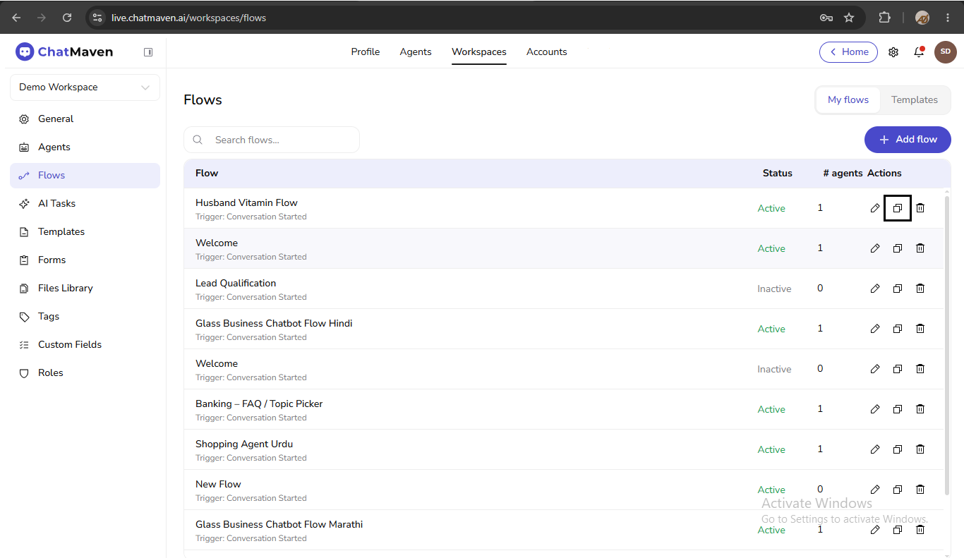 Duplicate flow from the Actions column