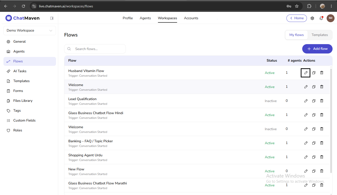 Edit flow from the Actions column