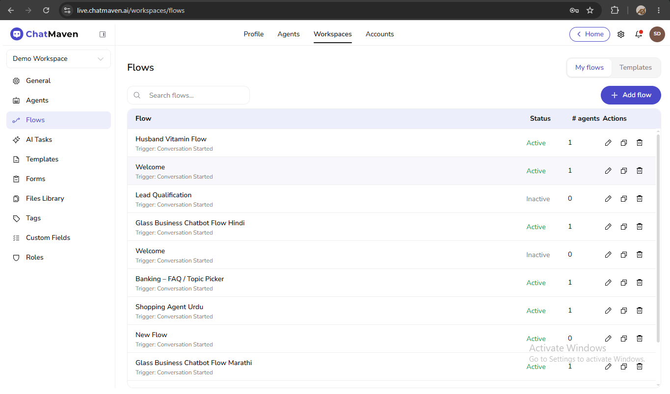 Flows list with My flows, search, and table